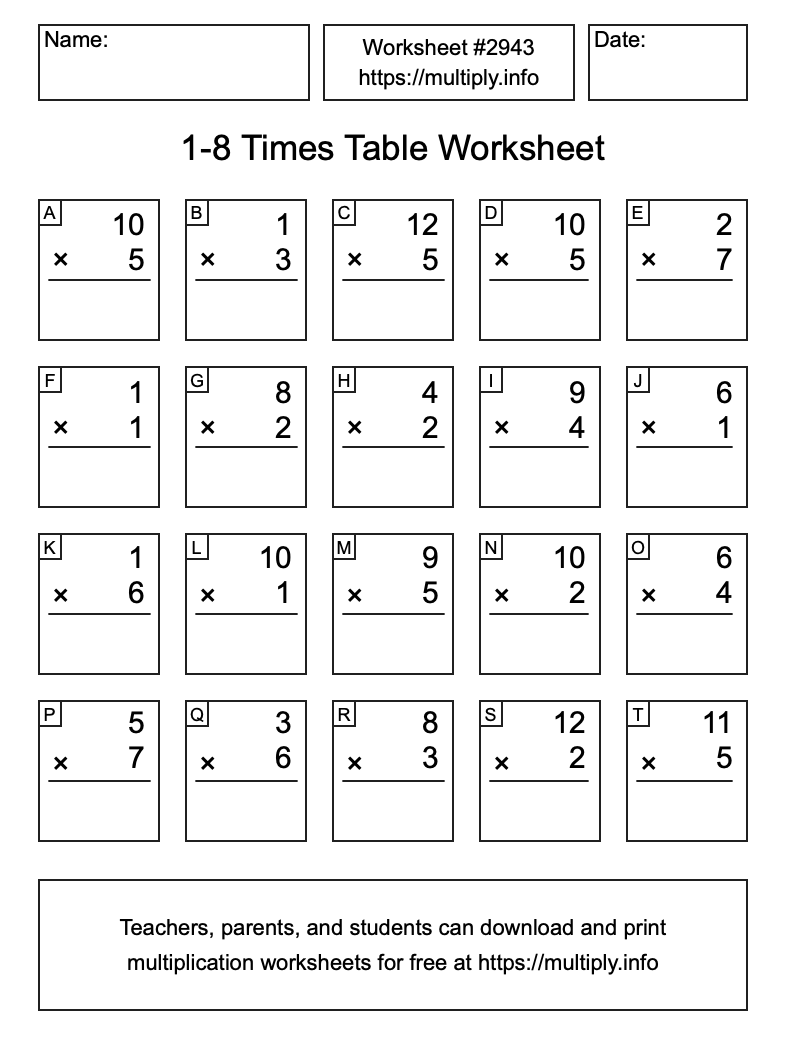 1 to 8 Times Table Worksheet #2943