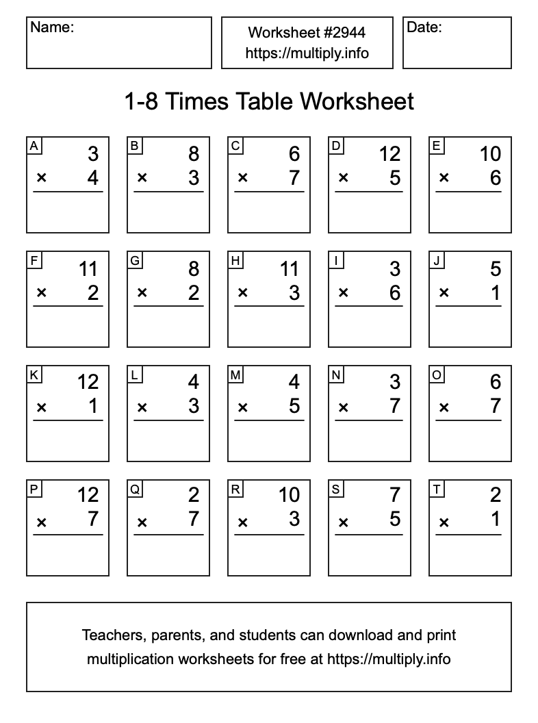 1 to 8 Times Table Worksheet #2944