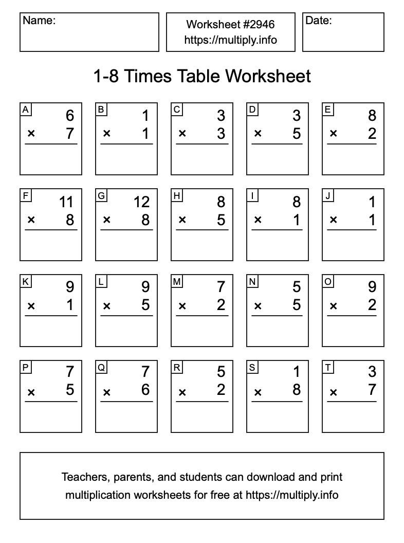 1 to 8 Times Table Worksheet #2946