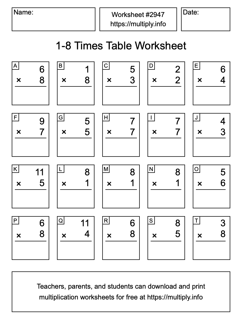 1 to 8 Times Table Worksheet #2947