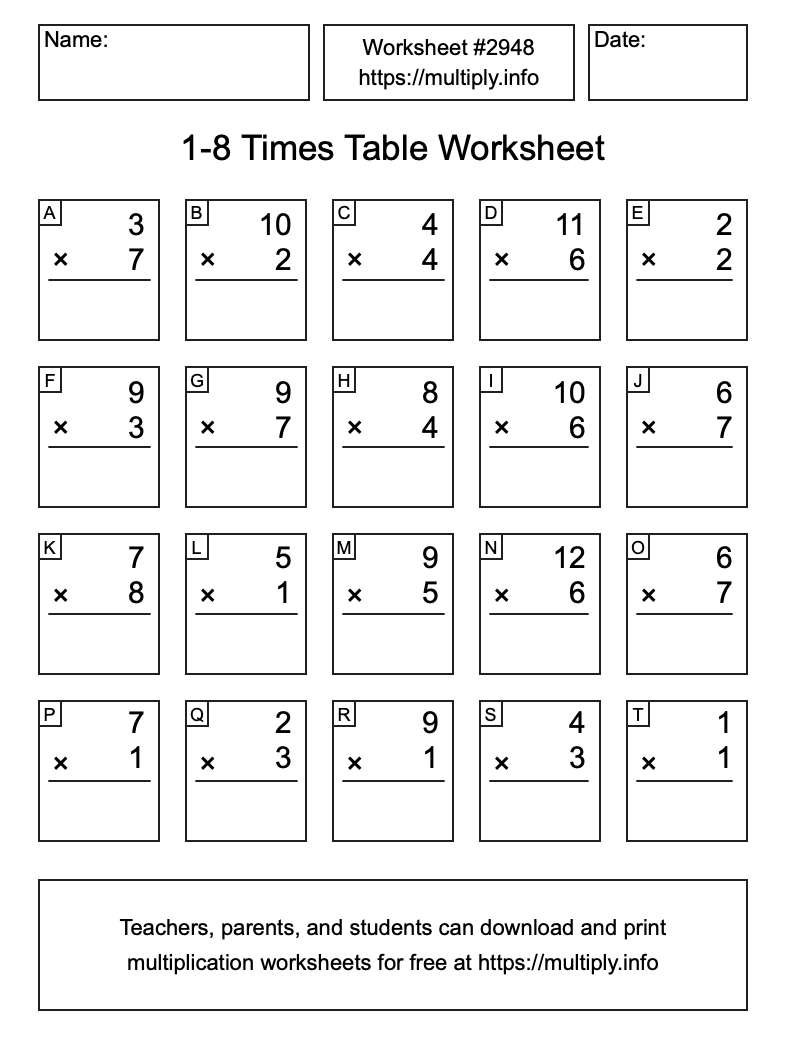 1 to 8 Times Table Worksheet #2948