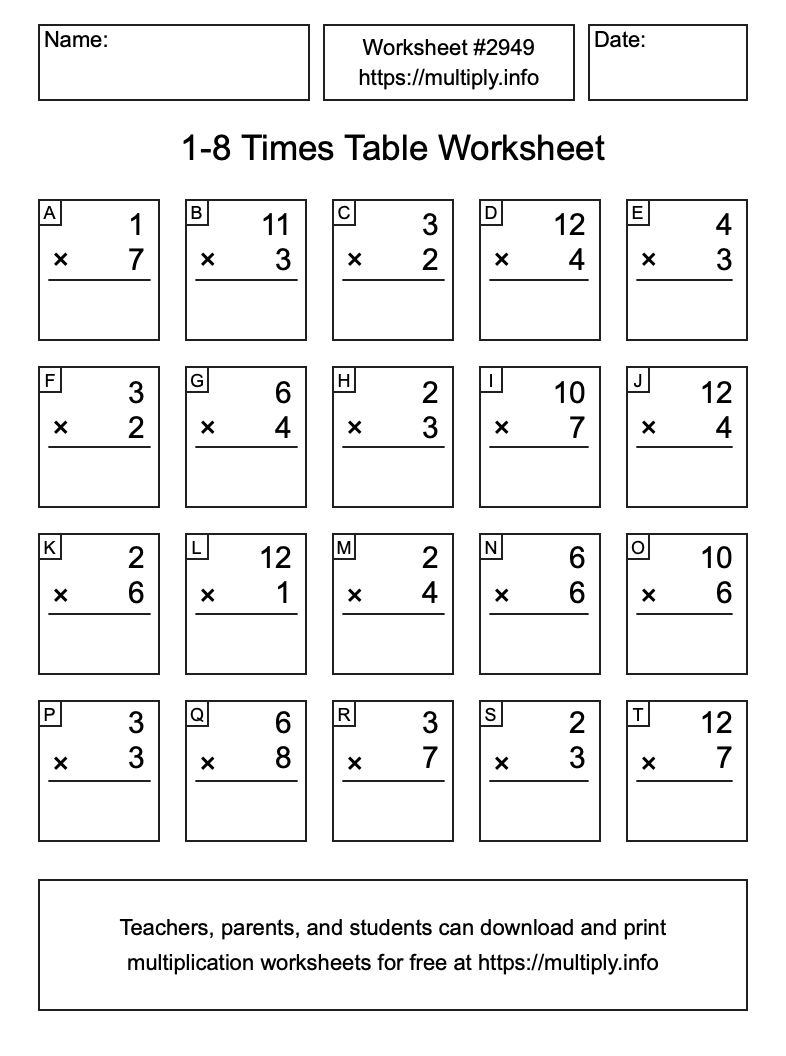 1 to 8 Times Table Worksheet #2949
