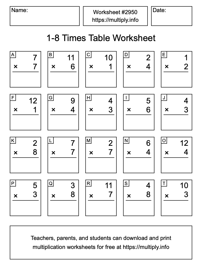 1 to 8 Times Table Worksheet #2950