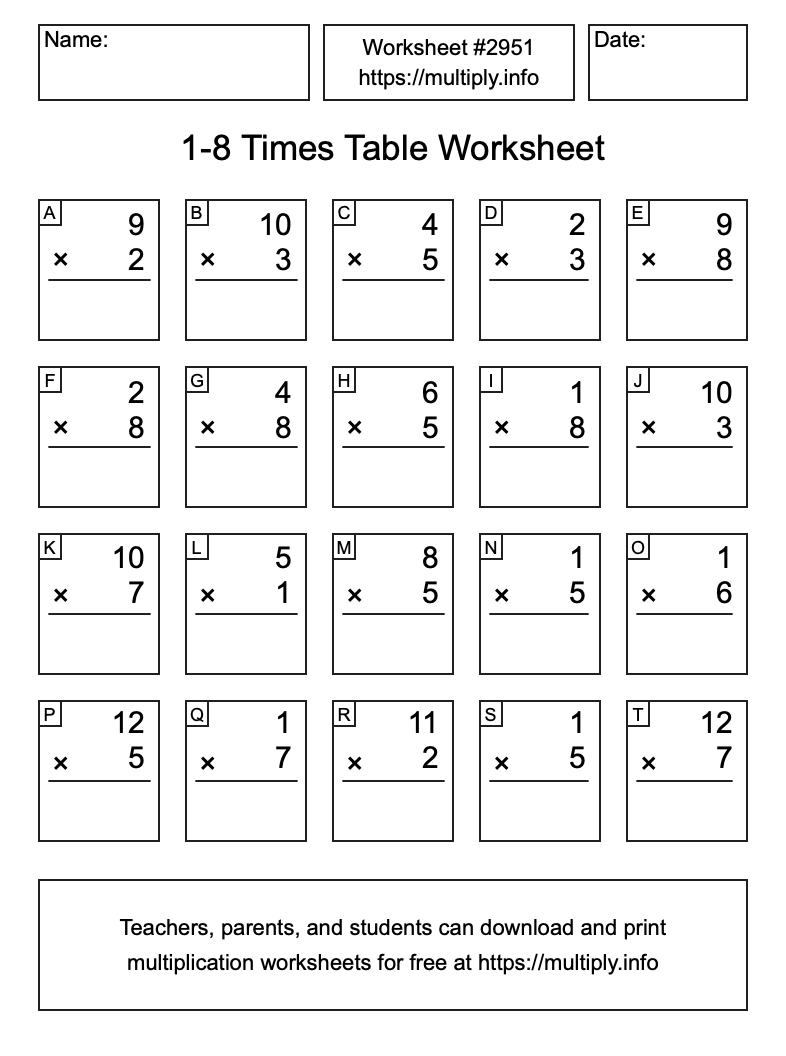 1 to 8 Times Table Worksheet #2951