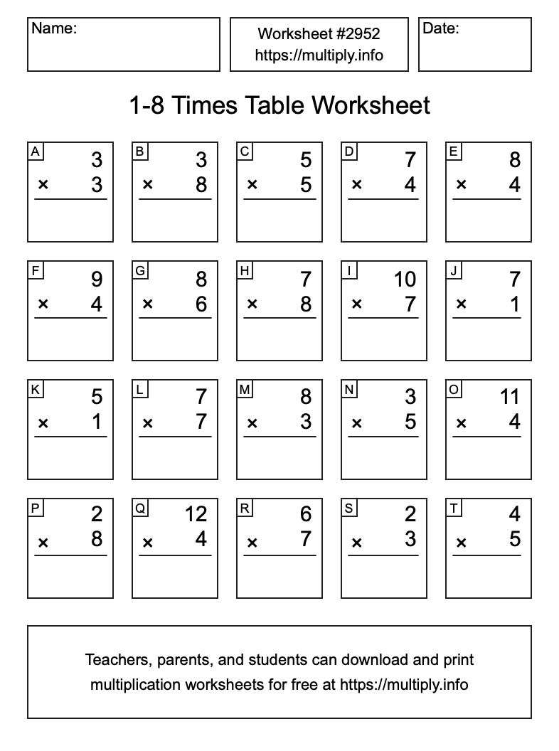 1 to 8 Times Table Worksheet #2952