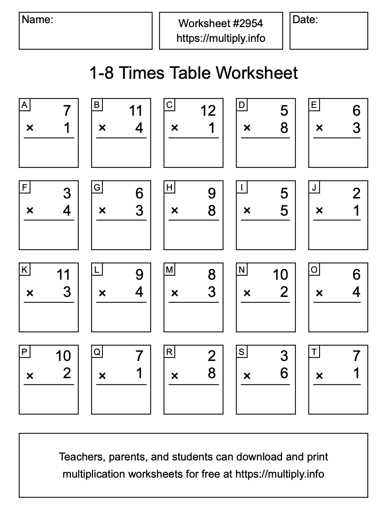1 to 8 Times Table Worksheet #2954
