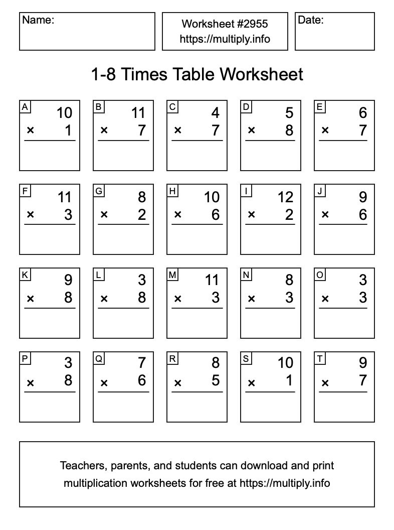 1 to 8 Times Table Worksheet #2955