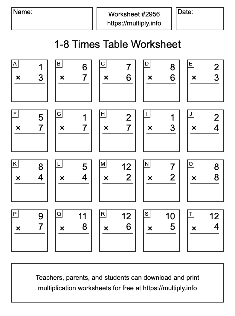 1 to 8 Times Table Worksheet #2956