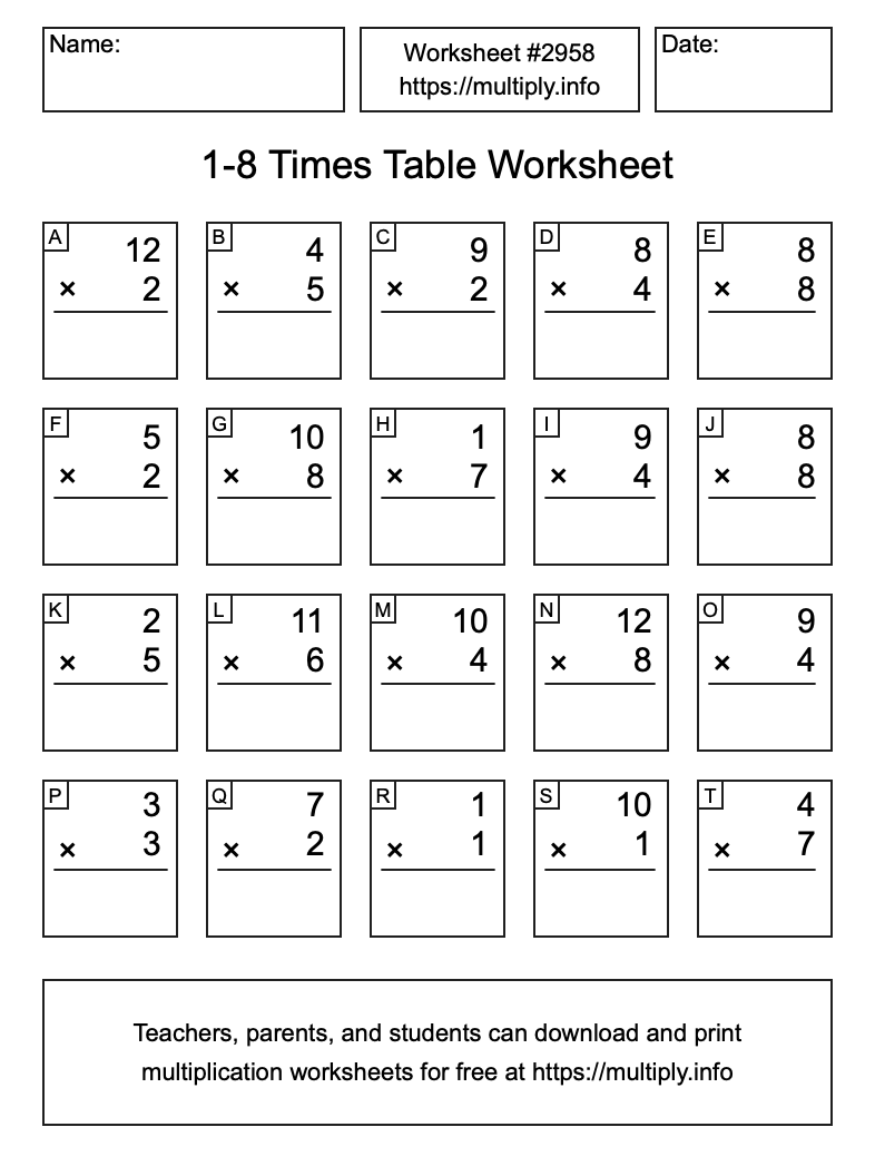 1 to 8 Times Table Worksheet #2958