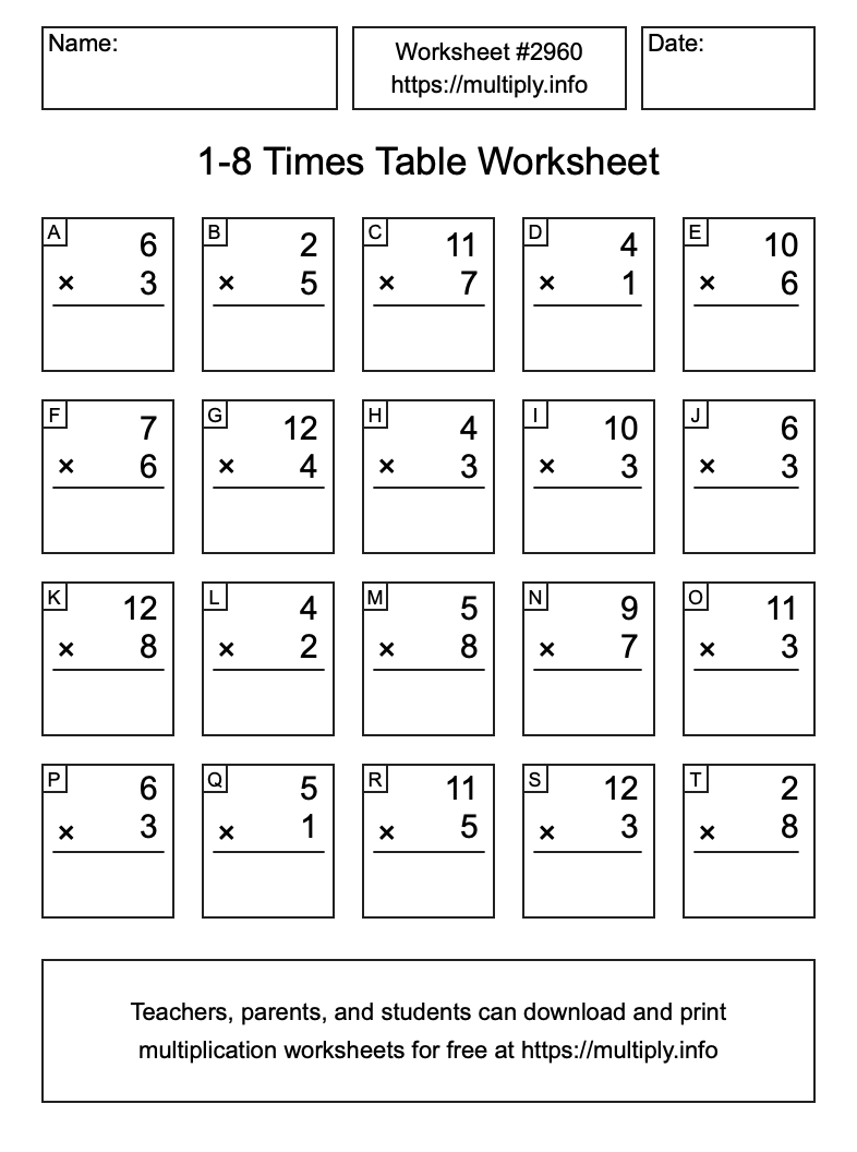 1 to 8 Times Table Worksheet #2960