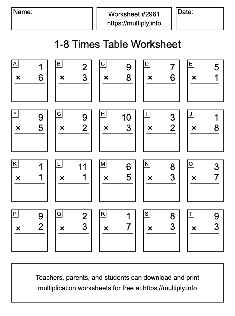 1 to 8 Times Table Worksheet #2961