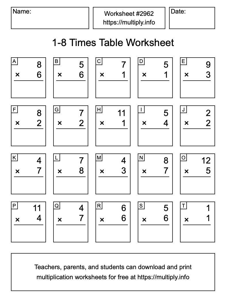 1 to 8 Times Table Worksheet #2962