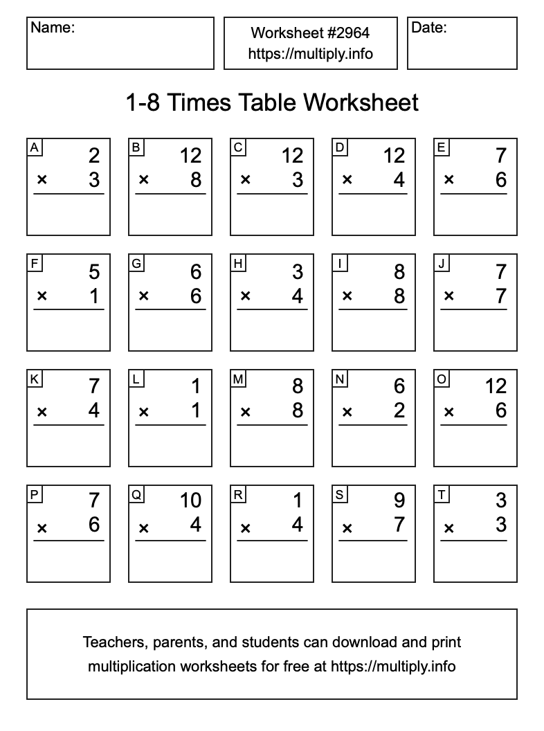 1 to 8 Times Table Worksheet #2964