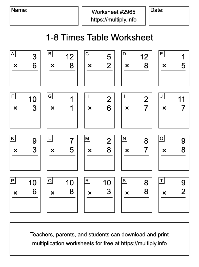 1 to 8 Times Table Worksheet #2965