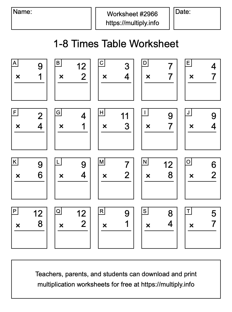 1 to 8 Times Table Worksheet #2966