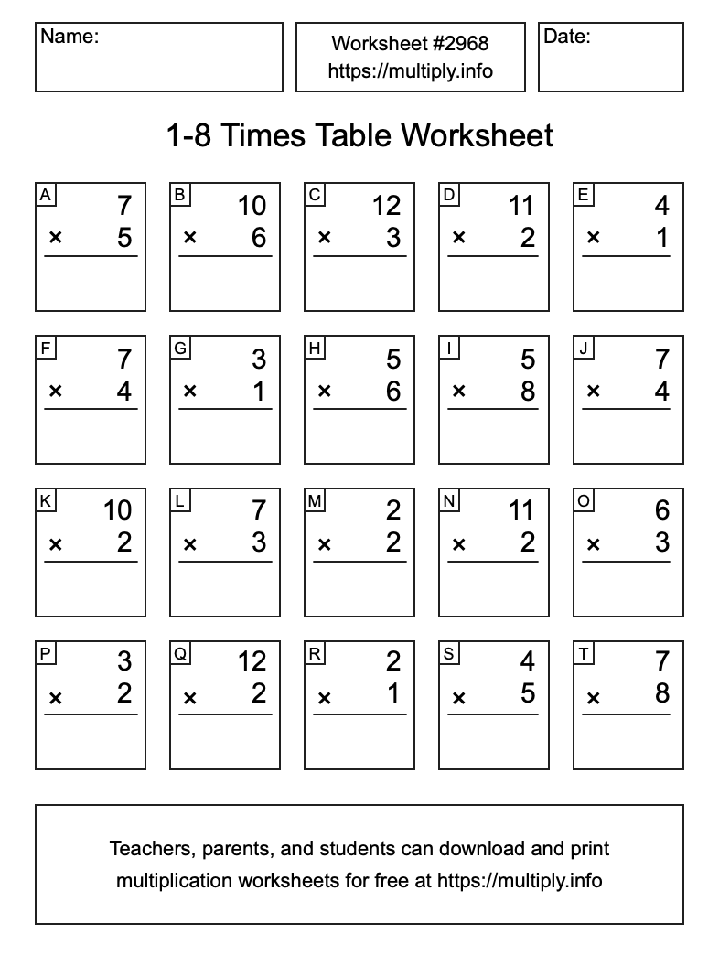 1 to 8 Times Table Worksheet #2968