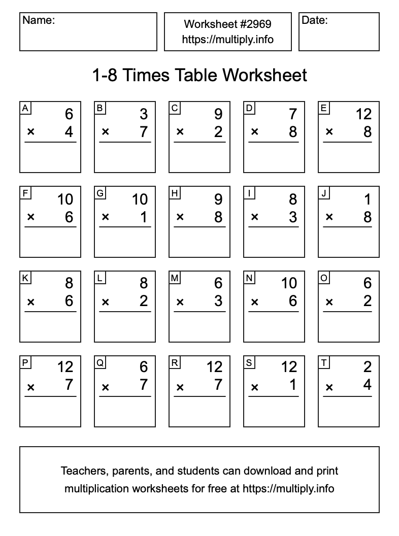 1 to 8 Times Table Worksheet #2969