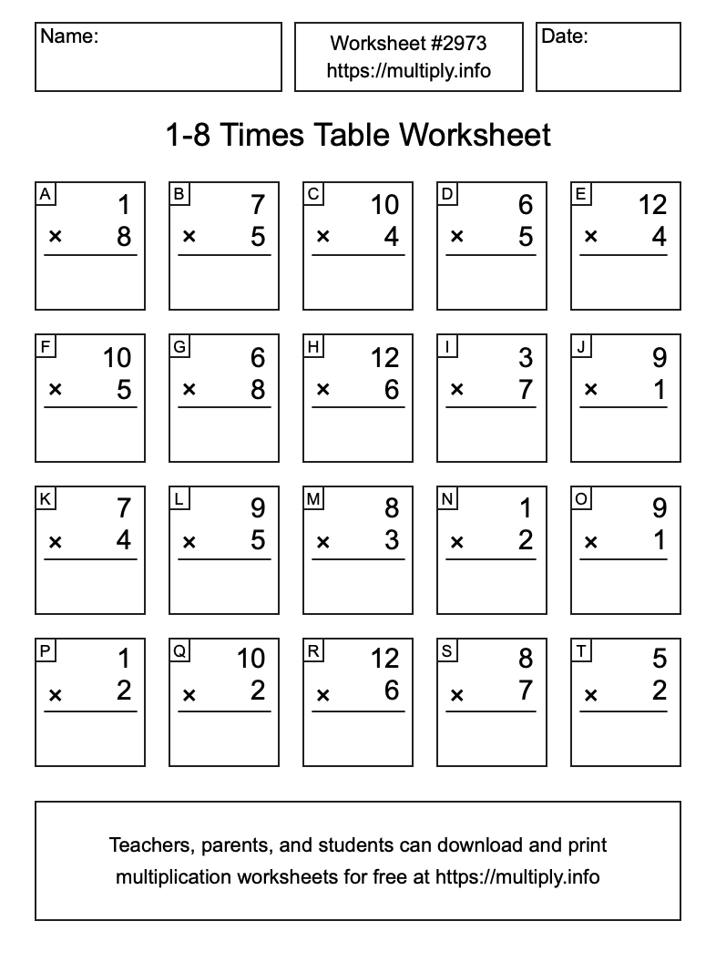 1 to 8 Times Table Worksheet #2973