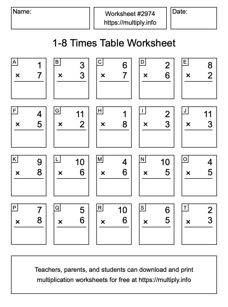 1 to 8 Times Table Worksheet #2974