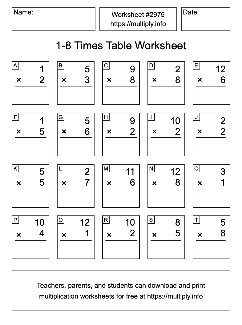 1 to 8 Times Table Worksheet #2975