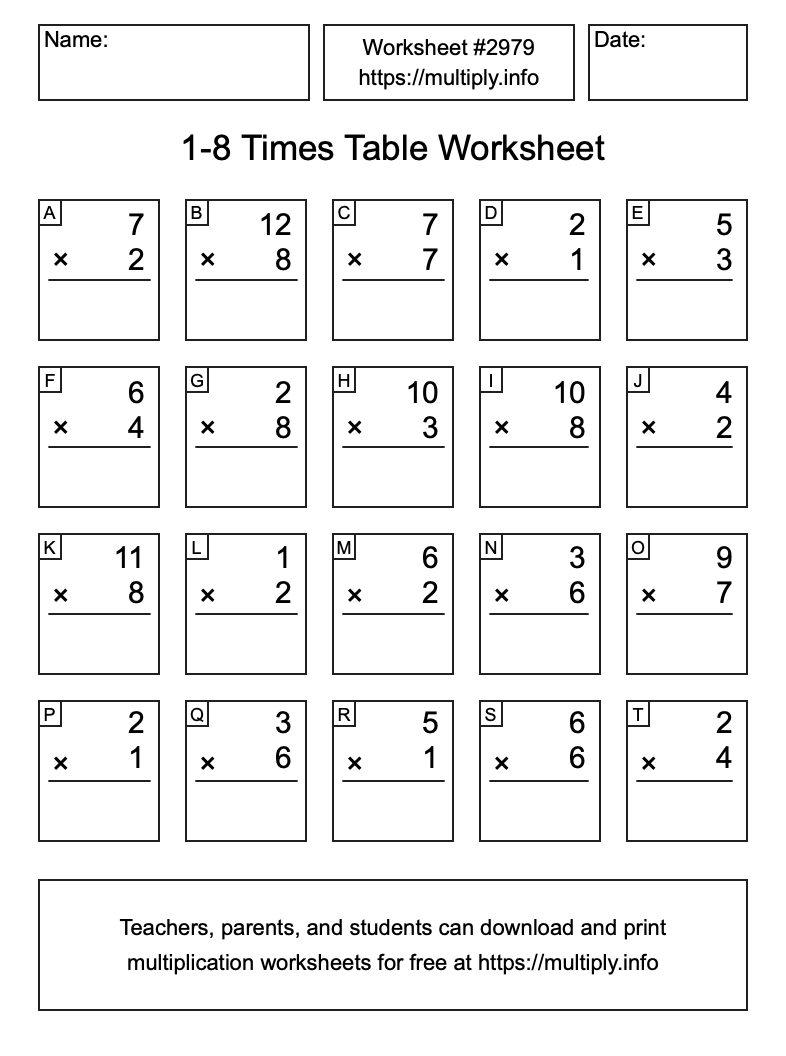 1 to 8 Times Table Worksheet #2979