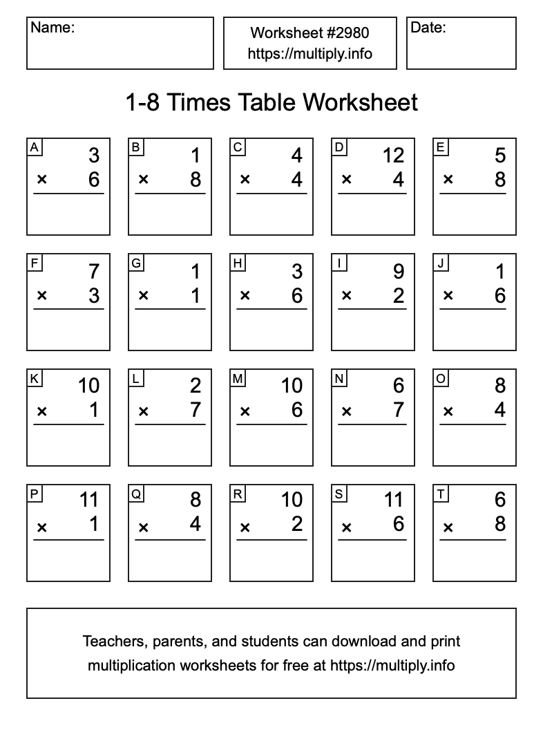 1 to 8 Times Table Worksheet #2980