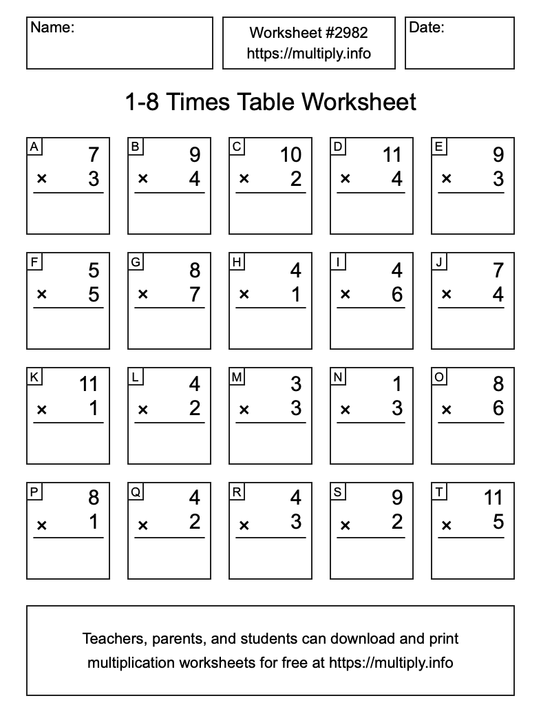 1 to 8 Times Table Worksheet #2982