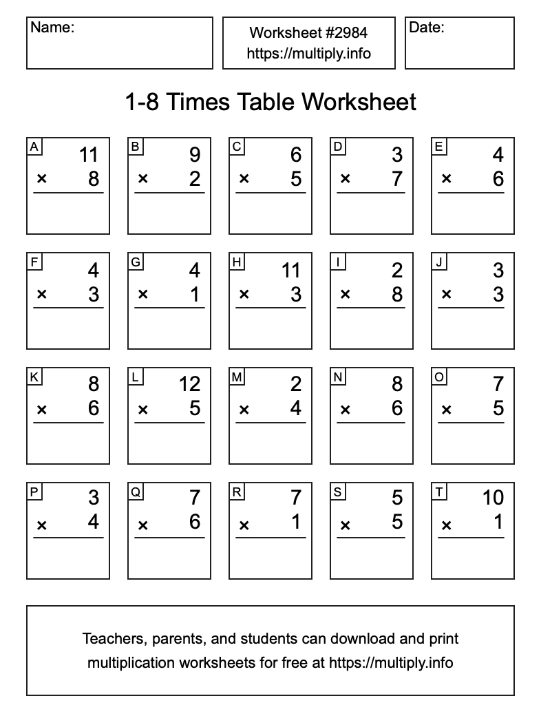 1 to 8 Times Table Worksheet #2984
