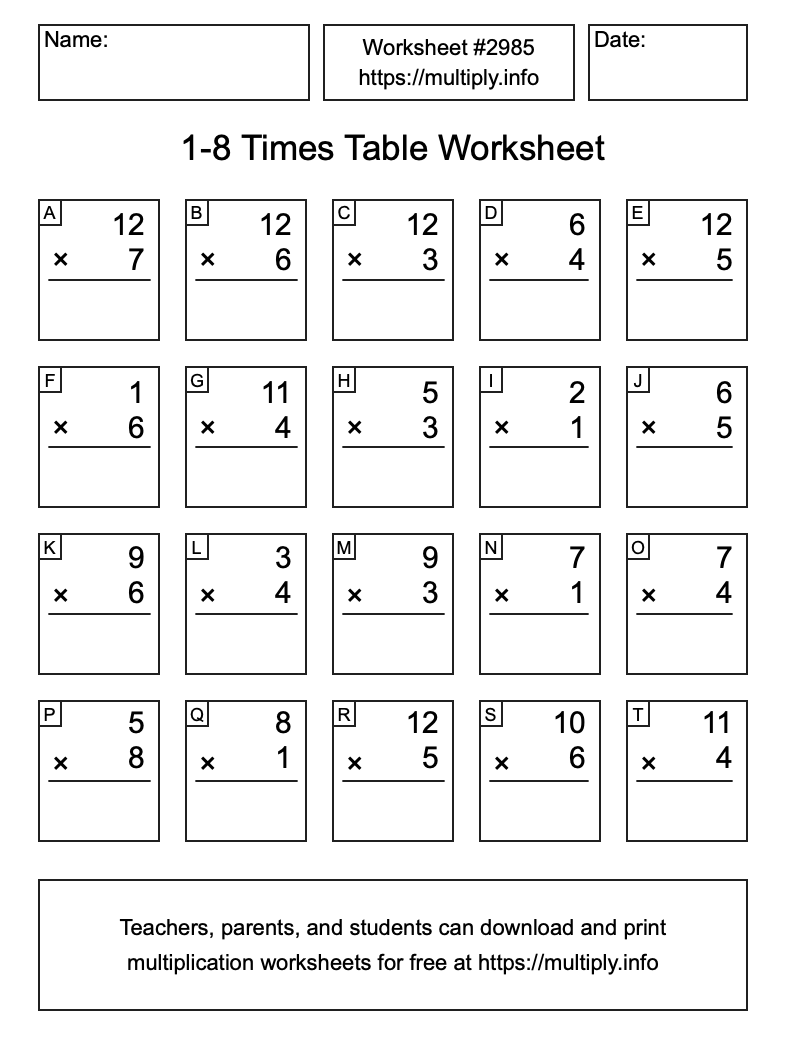 1 to 8 Times Table Worksheet #2985