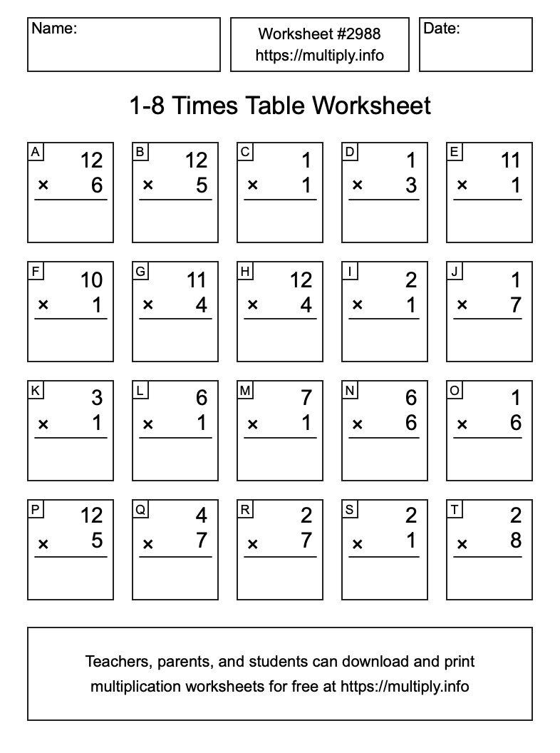 1 to 8 Times Table Worksheet #2988