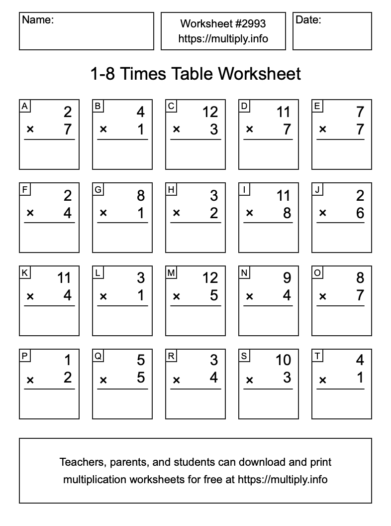 1 to 8 Times Table Worksheet #2993