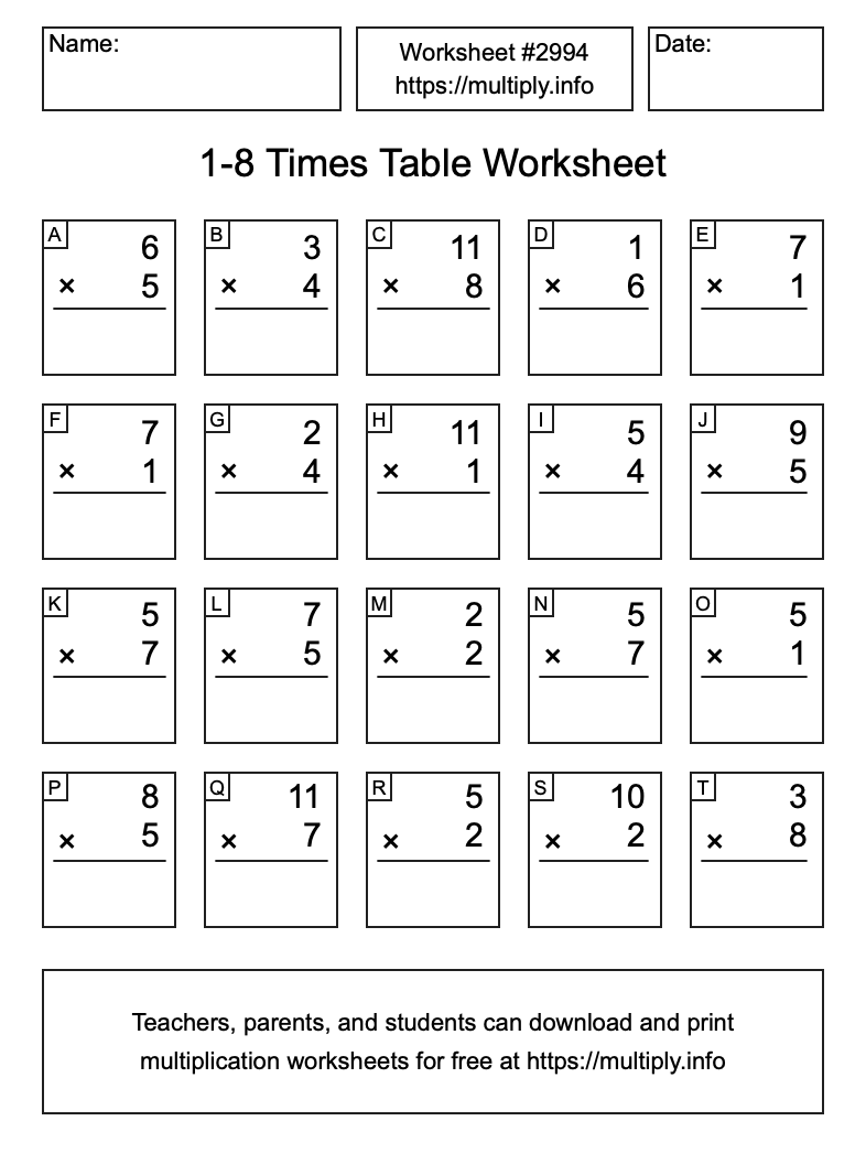 1 to 8 Times Table Worksheet #2994