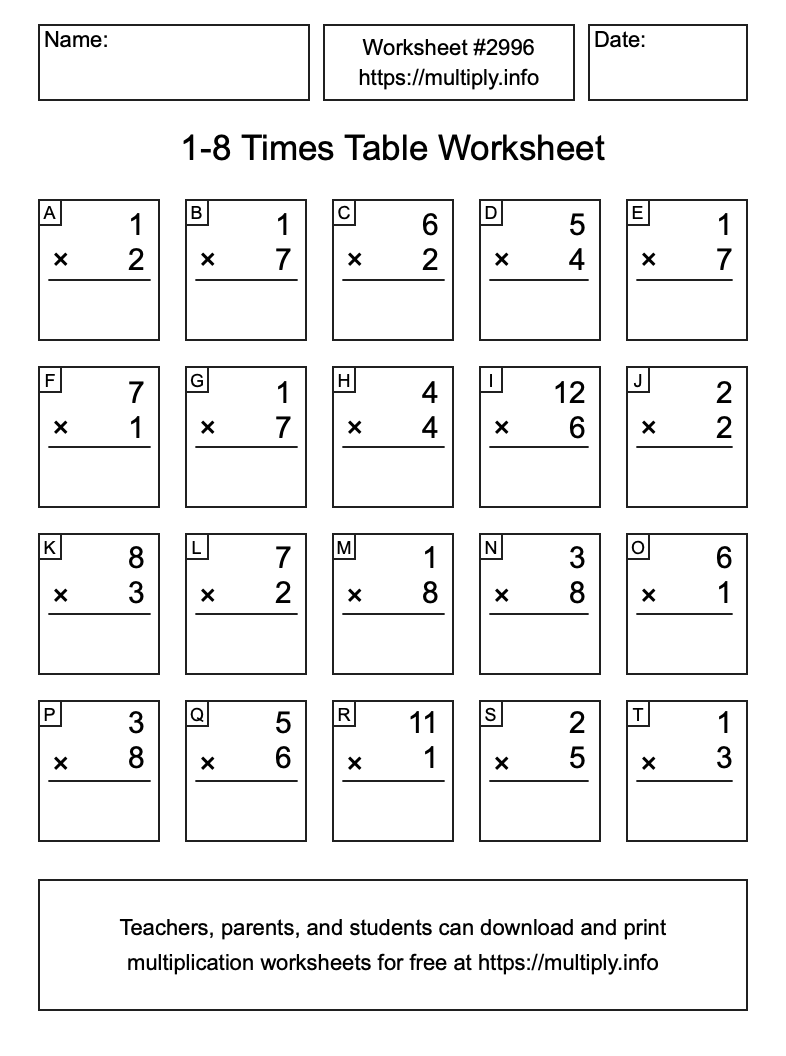 1 to 8 Times Table Worksheet #2996