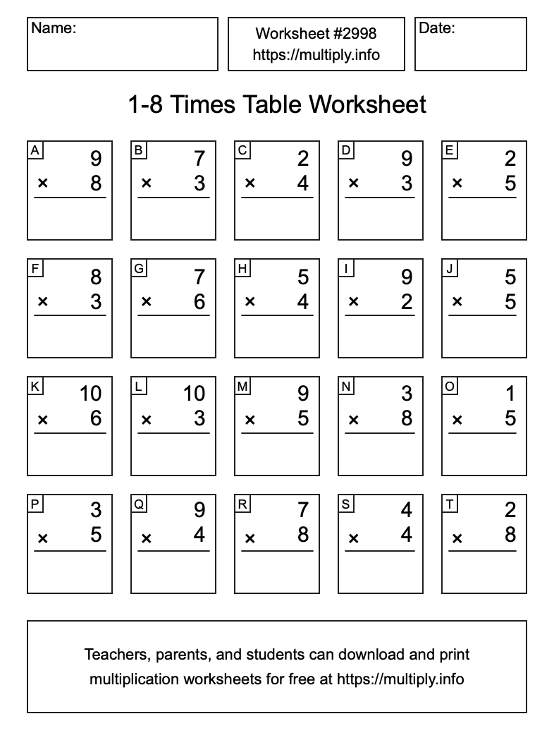1 to 8 Times Table Worksheet #2998
