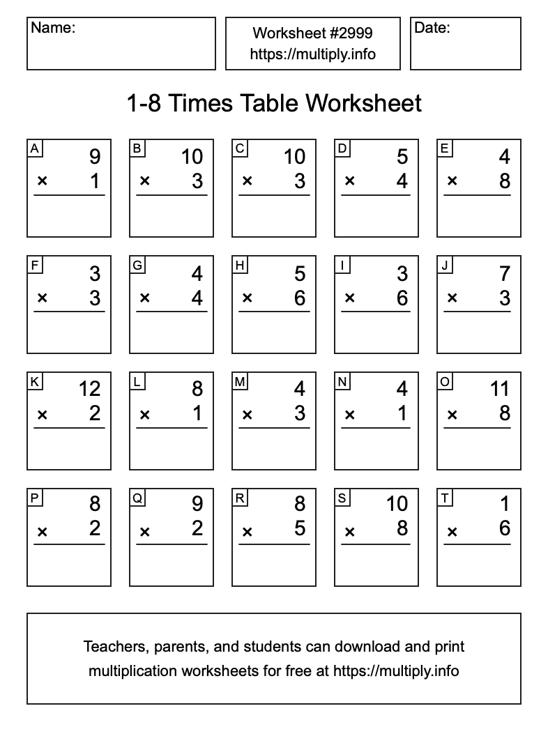 1 to 8 Times Table Worksheet #2999