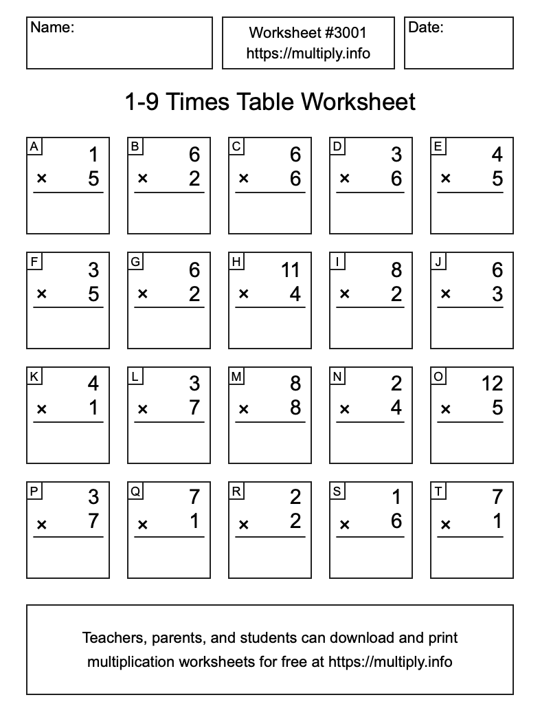1 to 9 Times Table Worksheet #3001