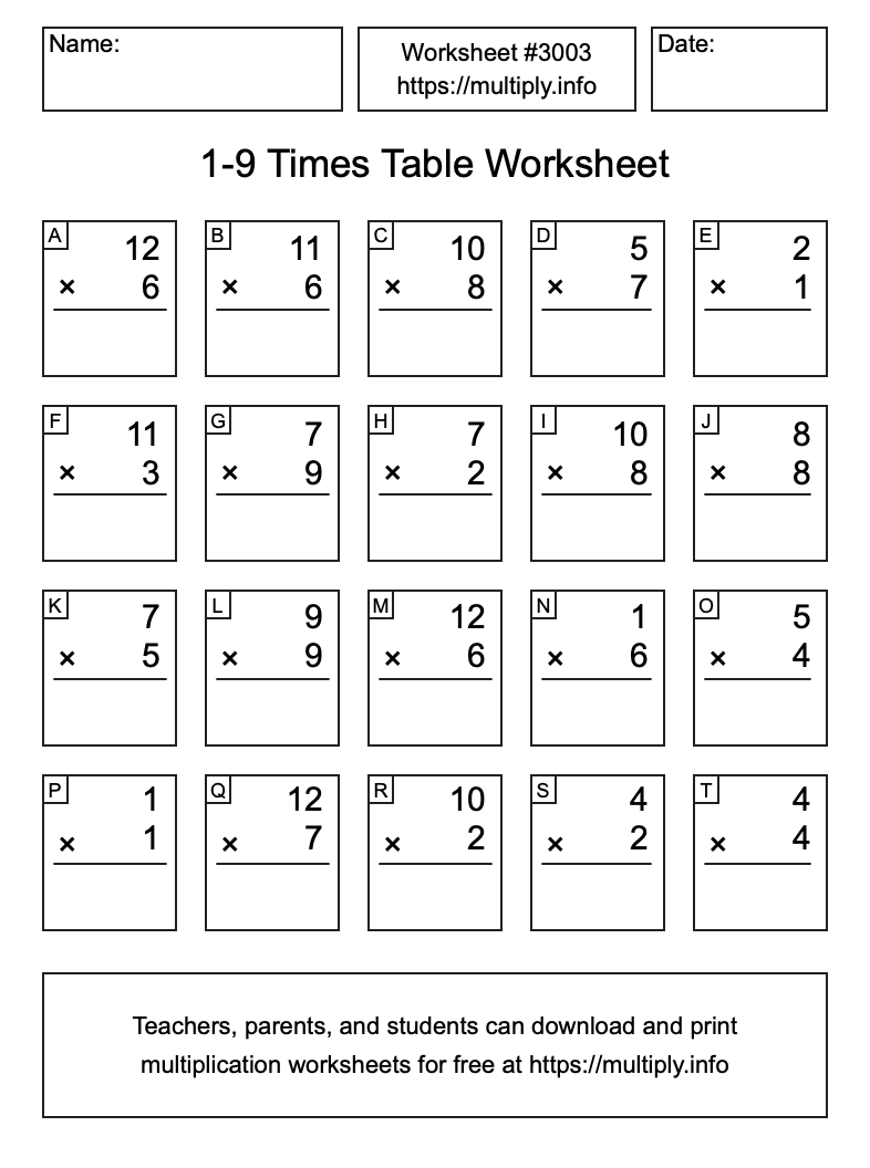 1 to 9 Times Table Worksheet #3003