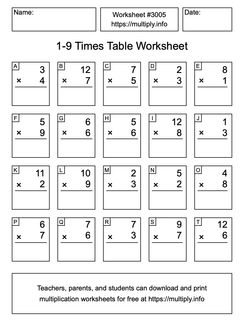 1 to 9 Times Table Worksheet #3005