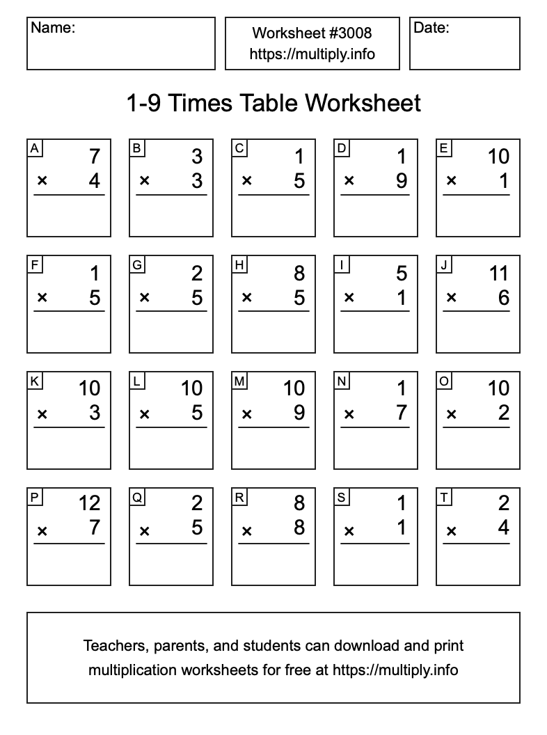 1 to 9 Times Table Worksheet #3008