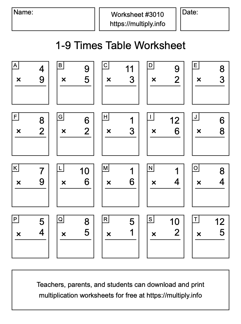 1 to 9 Times Table Worksheet #3010