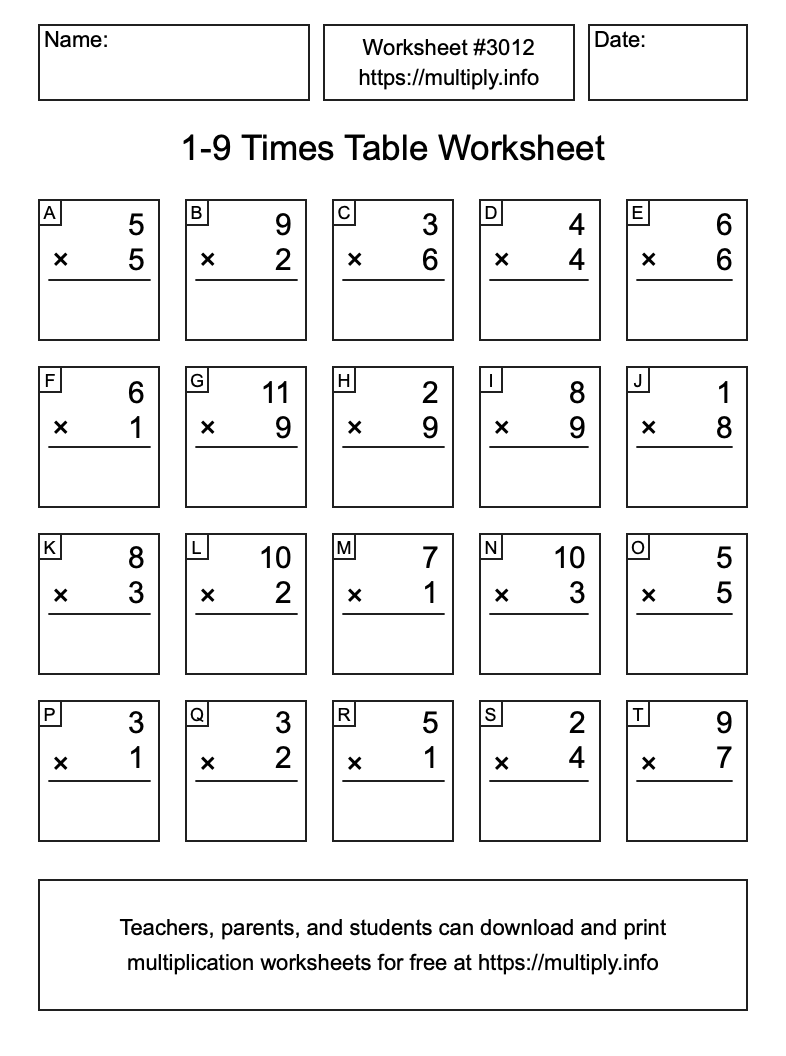 1 to 9 Times Table Worksheet #3012