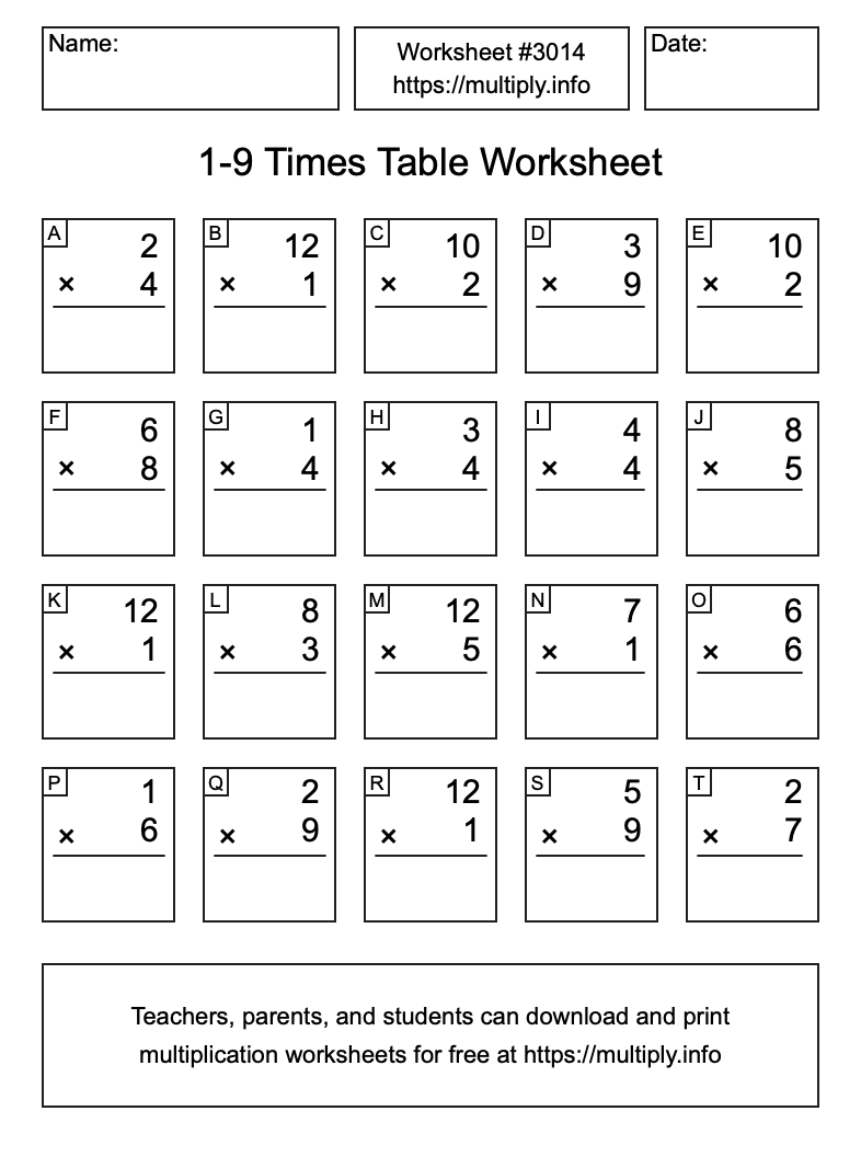 1 to 9 Times Table Worksheet #3014