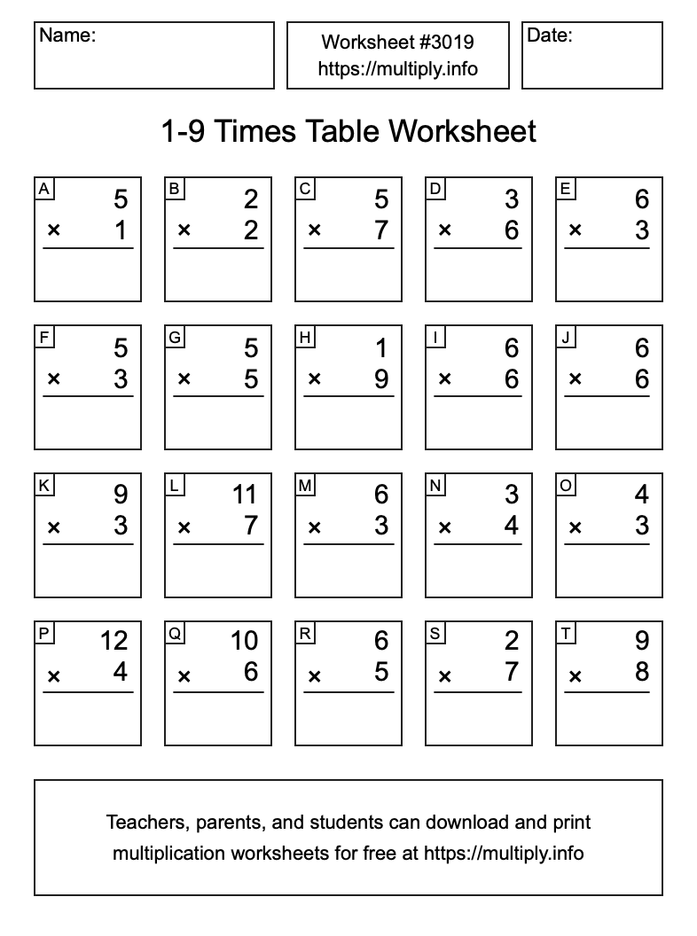 1 to 9 Times Table Worksheet #3019