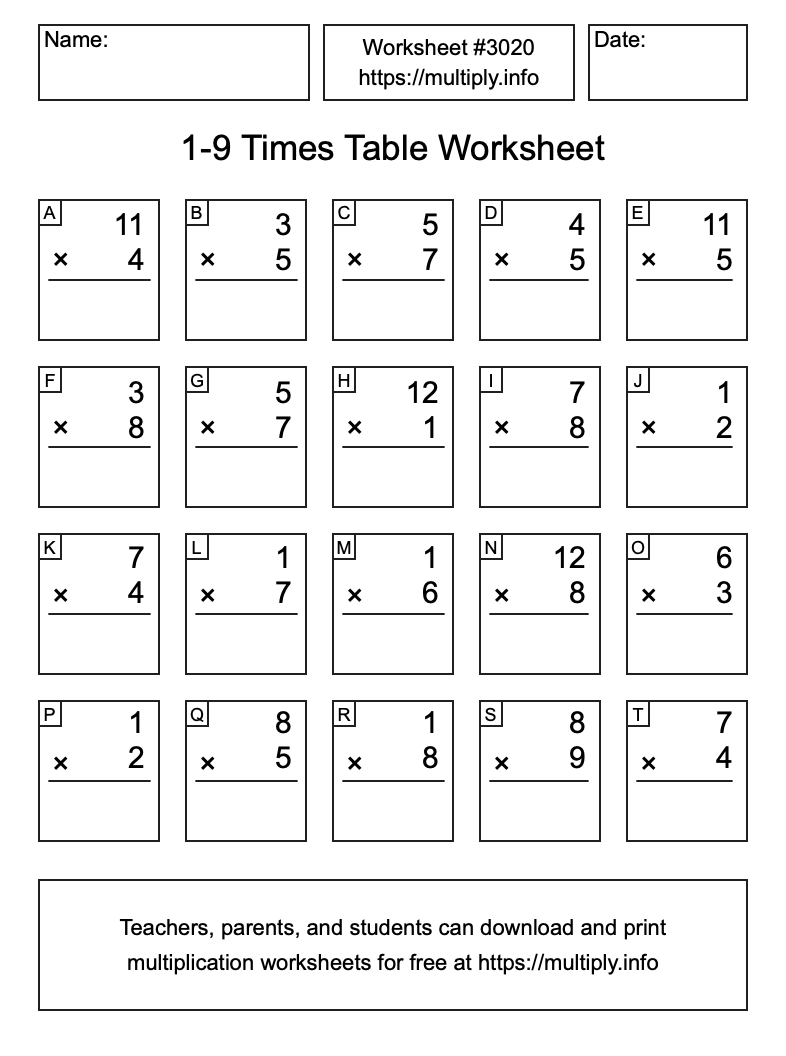 1 to 9 Times Table Worksheet #3020