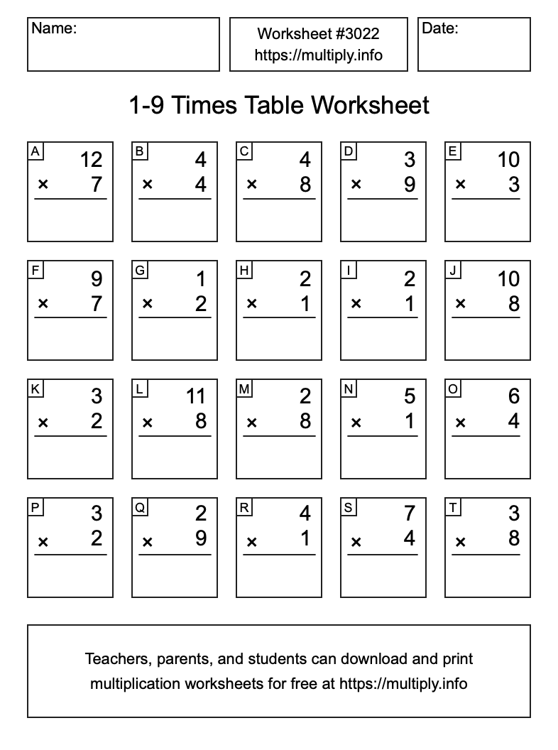 1 to 9 Times Table Worksheet #3022