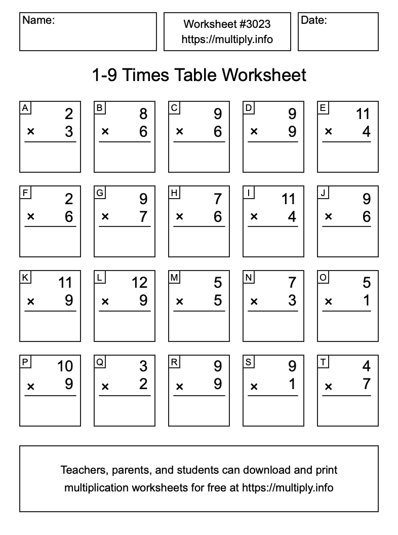 1 to 9 Times Table Worksheet #3023