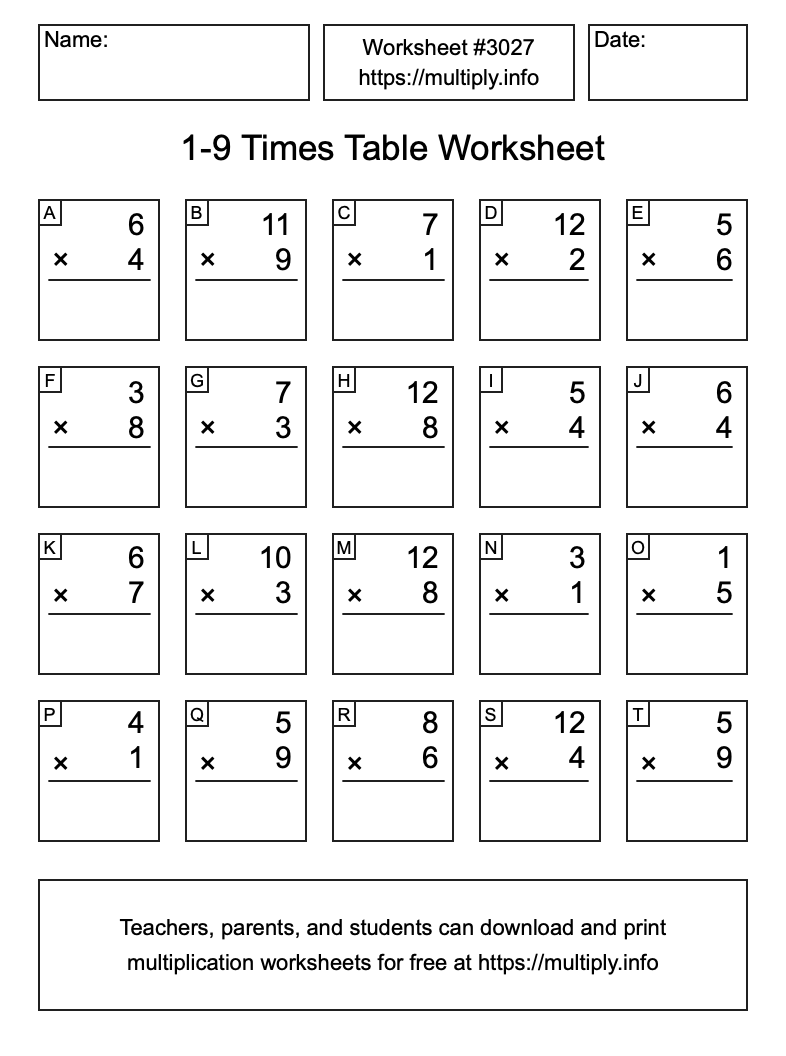1 to 9 Times Table Worksheet #3027