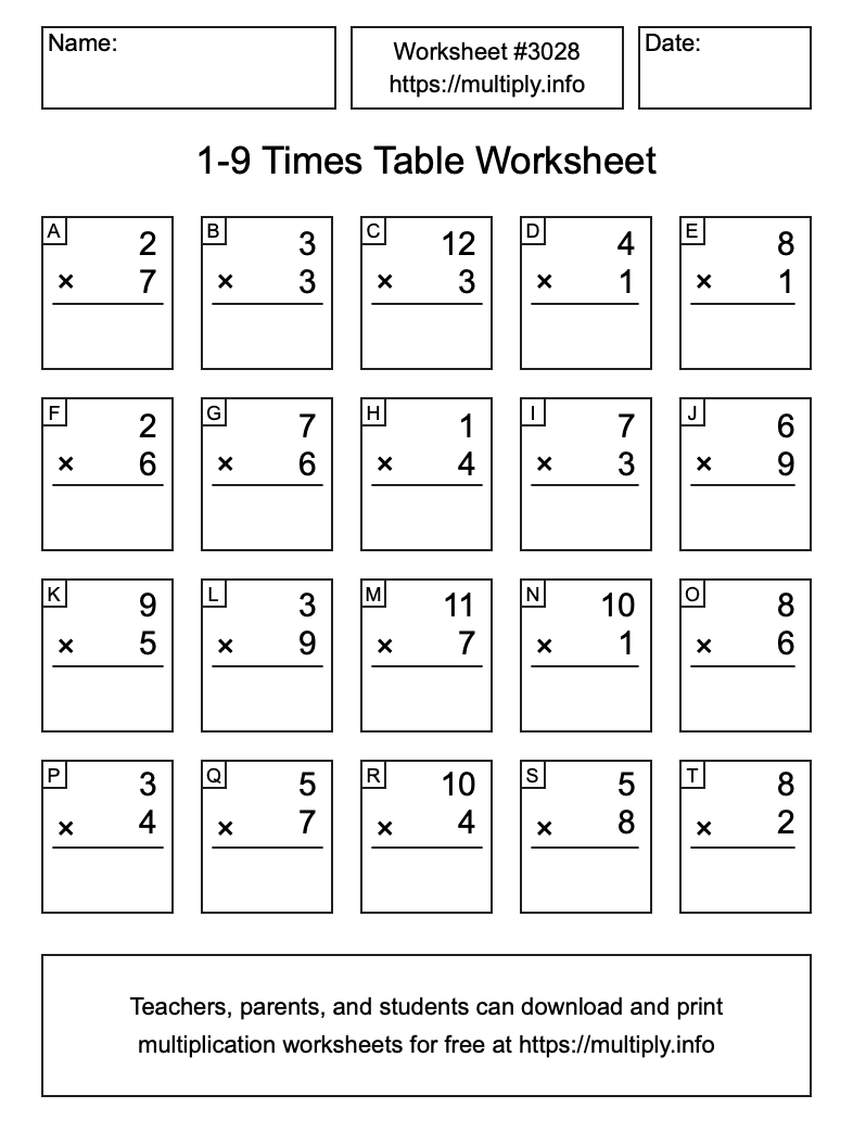 1 to 9 Times Table Worksheet #3028