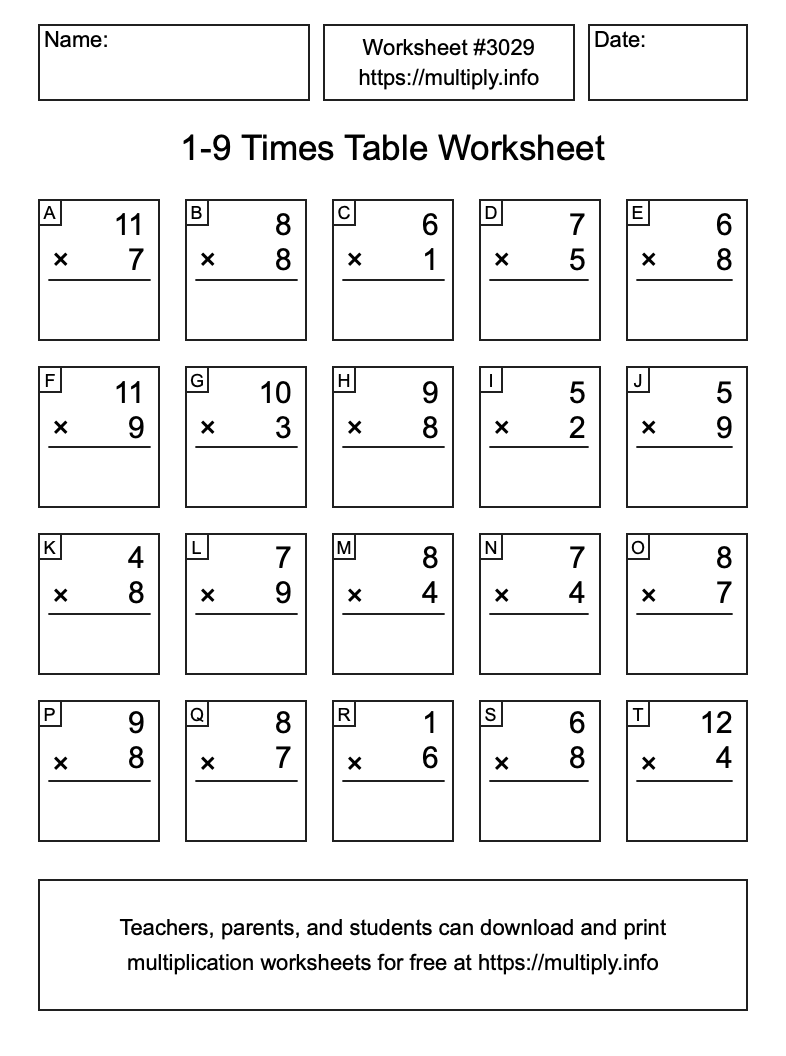 1 to 9 Times Table Worksheet #3029