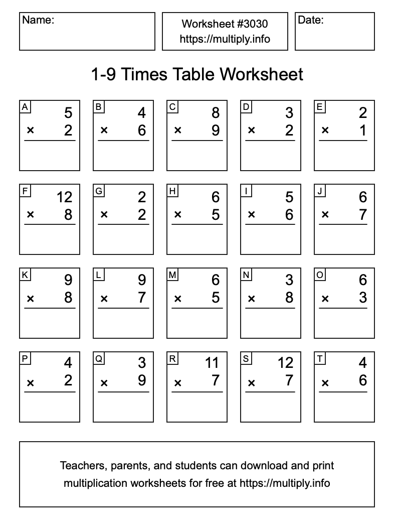 1 to 9 Times Table Worksheet #3030